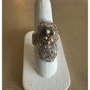Crochet Fine Silver Wire Ring with Gold Beads and a Hematite Faceted Bead Size 7